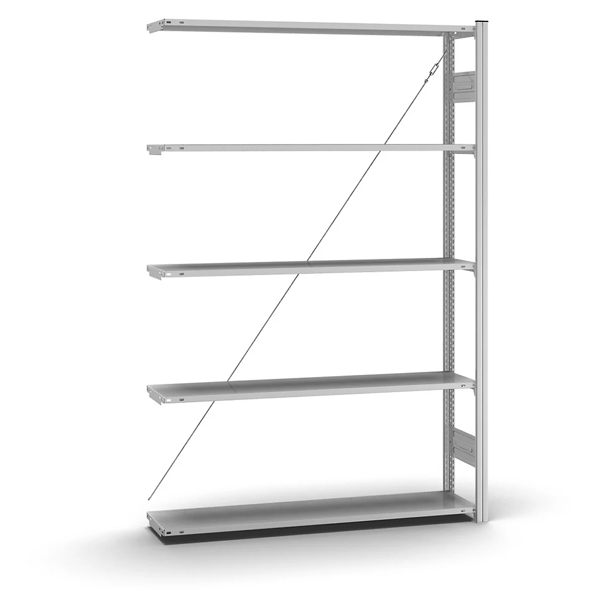 Grijs wandrek met vijf planken, bevestigd aan een muur met een diagonaal lopende metalen steun.