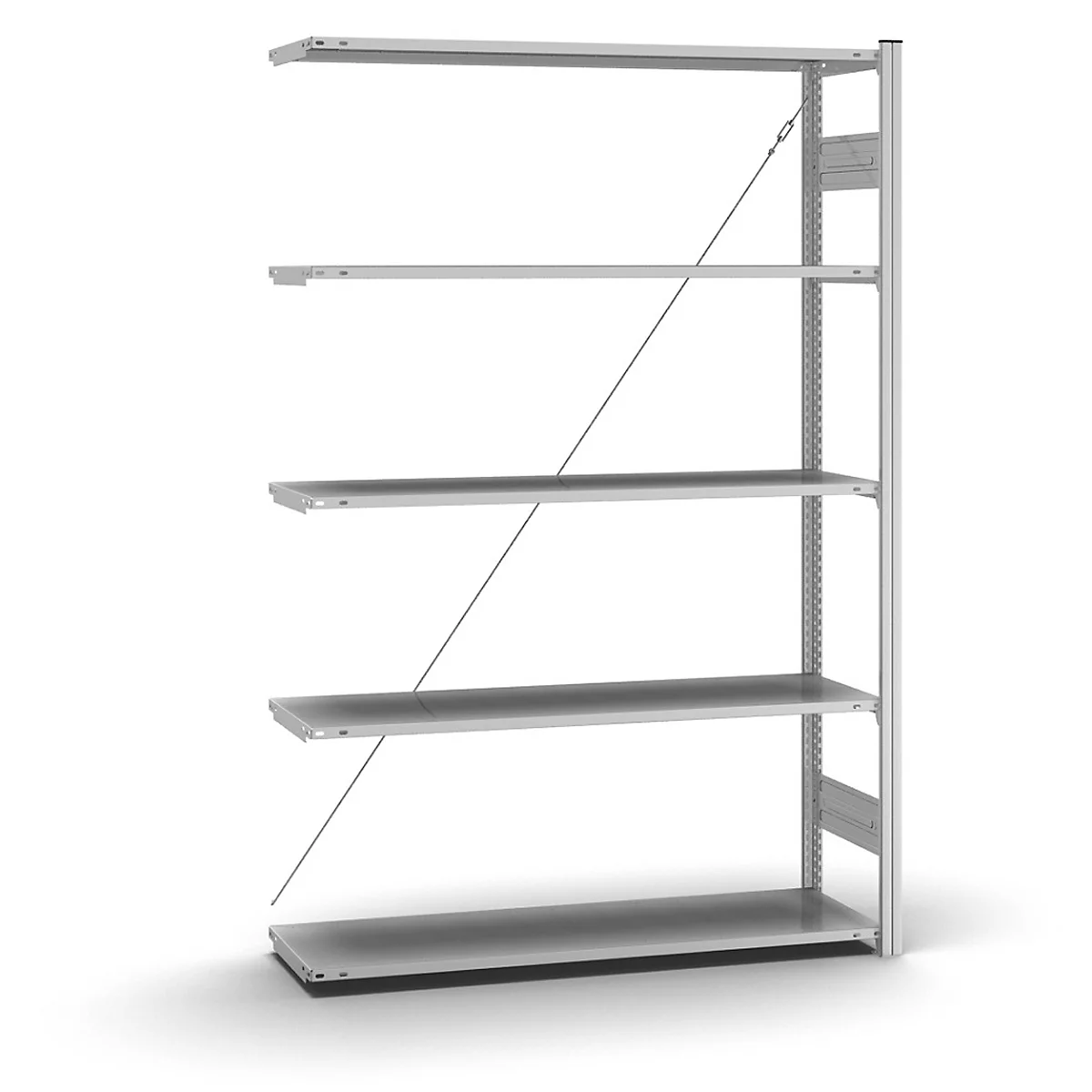 Lichtgrijs rek met vijf planken, diagonaal verstevigde draden en een wandbevestiging.