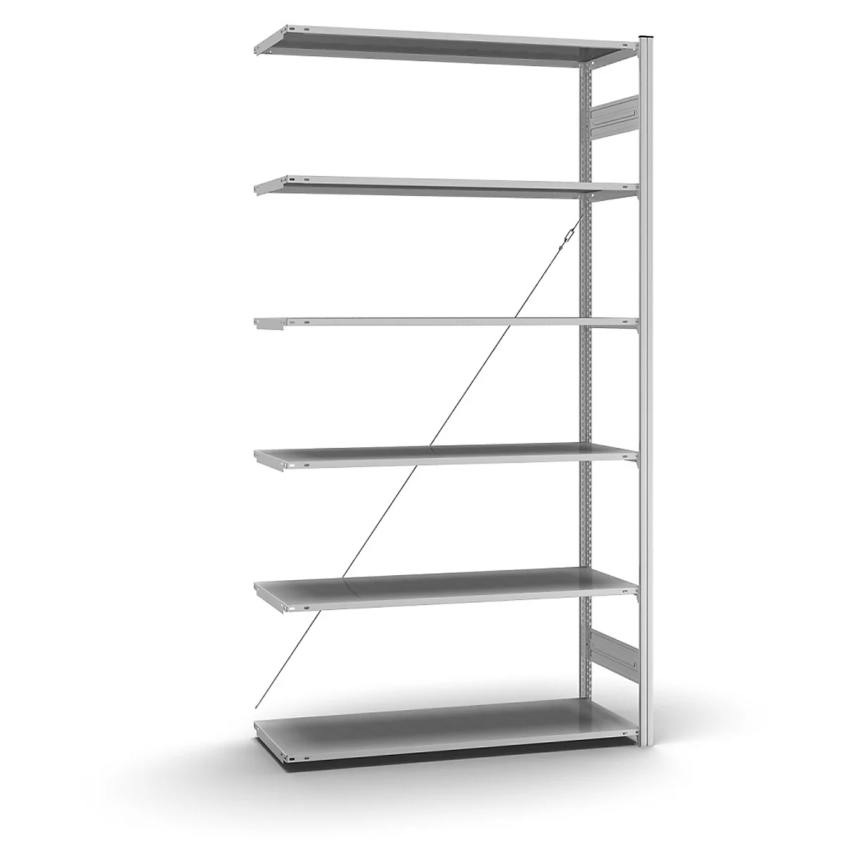 Zilveren wandplank met zes planken, bevestigd aan een verticale steun. Twee diagonale stutten stabiliseren de constructie.