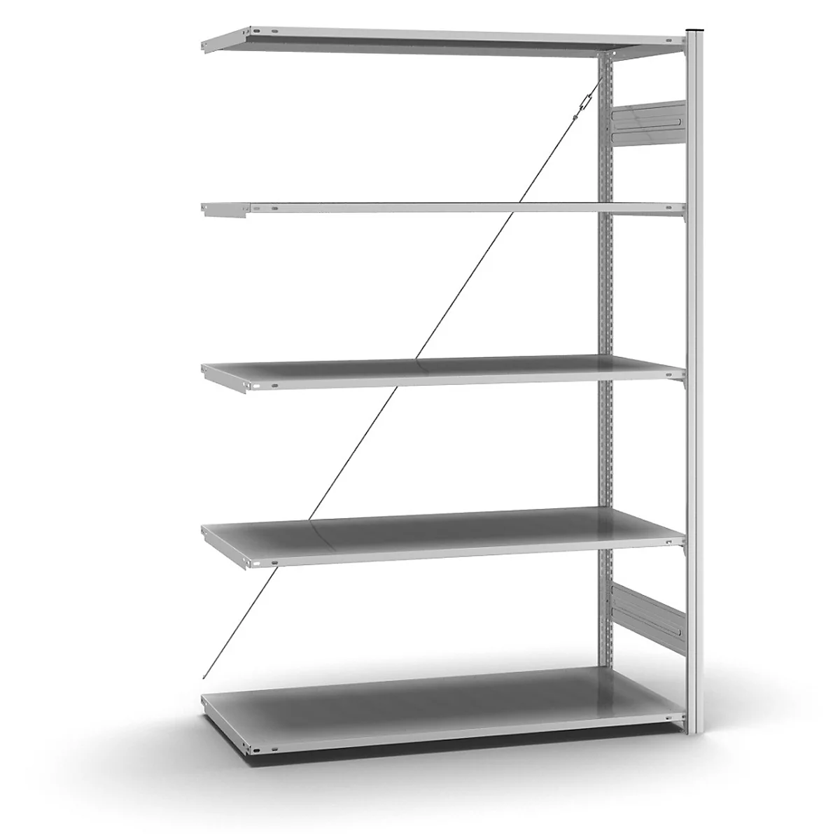 Grijs metalen rek met vijf planken, bevestigd aan een verticale paal.