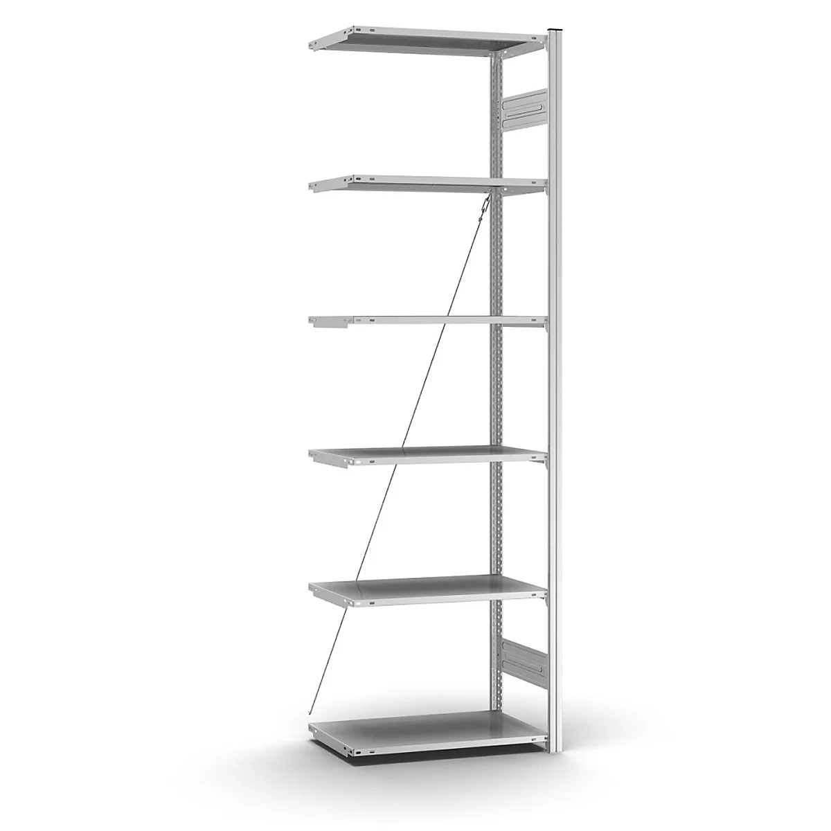 Zilveren wandplank met zes planken, diagonale steunen en een verticale montagerail.