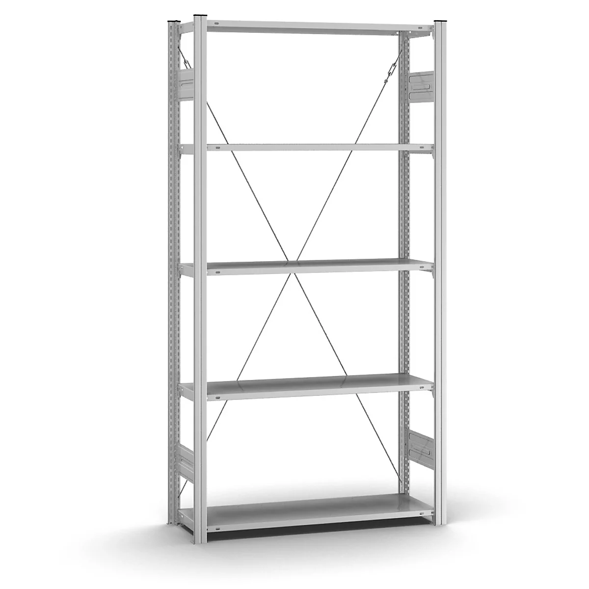 Metalen stellingkast met vier planken, zilverkleurig, tegen een witte achtergrond.