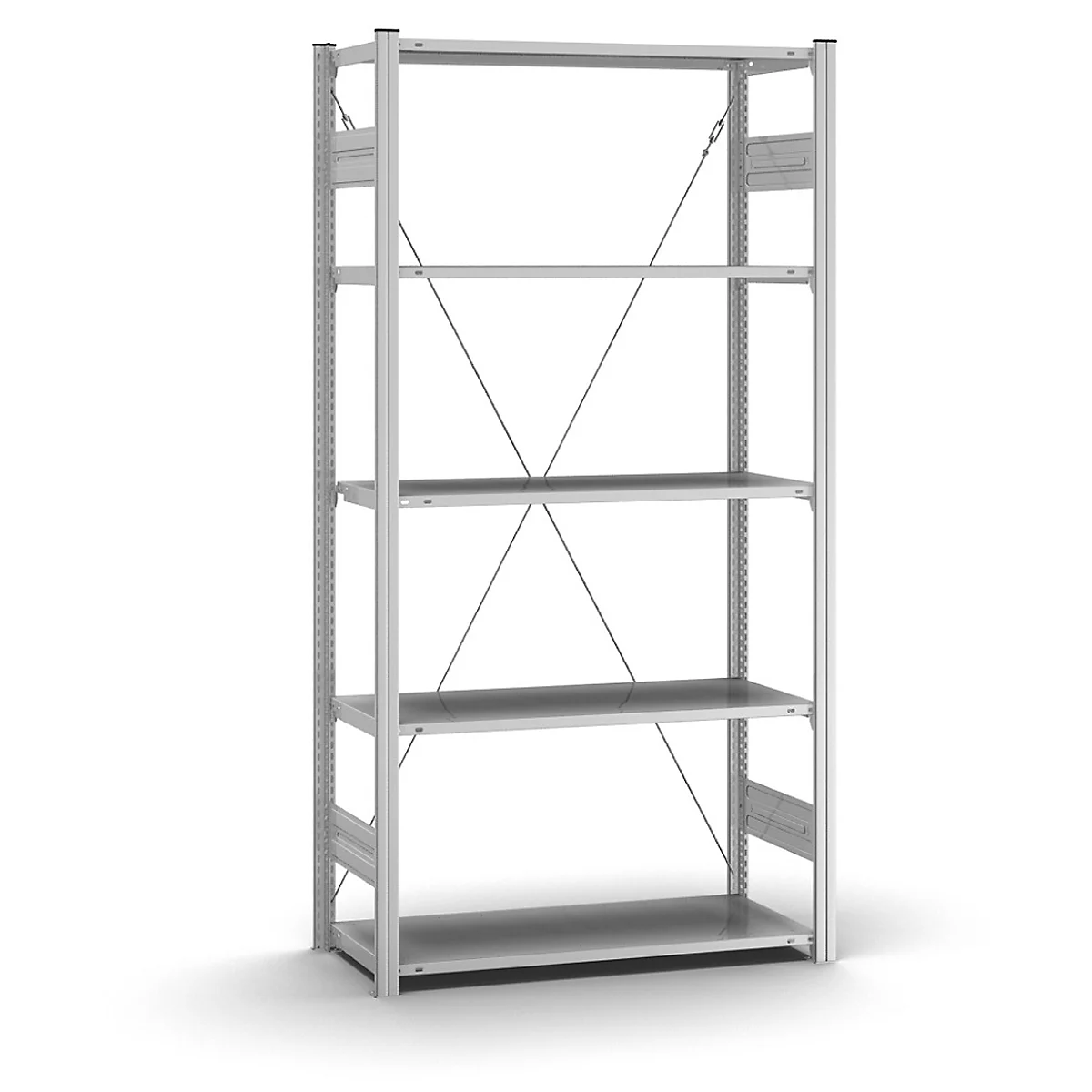 Grijs metalen rek met 5 planken, diagonale stutten en op een lichte achtergrond. Perspectiefweergave.