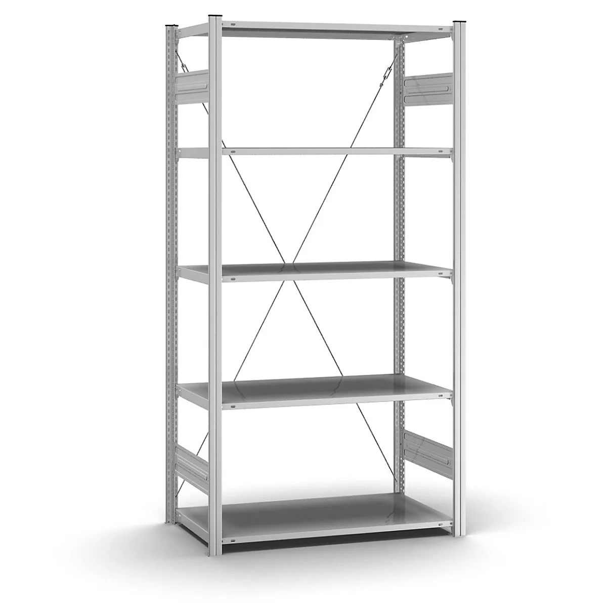 Een zilveren metalen plank met vijf planken, diagonale stutten en een lichte schaduw.