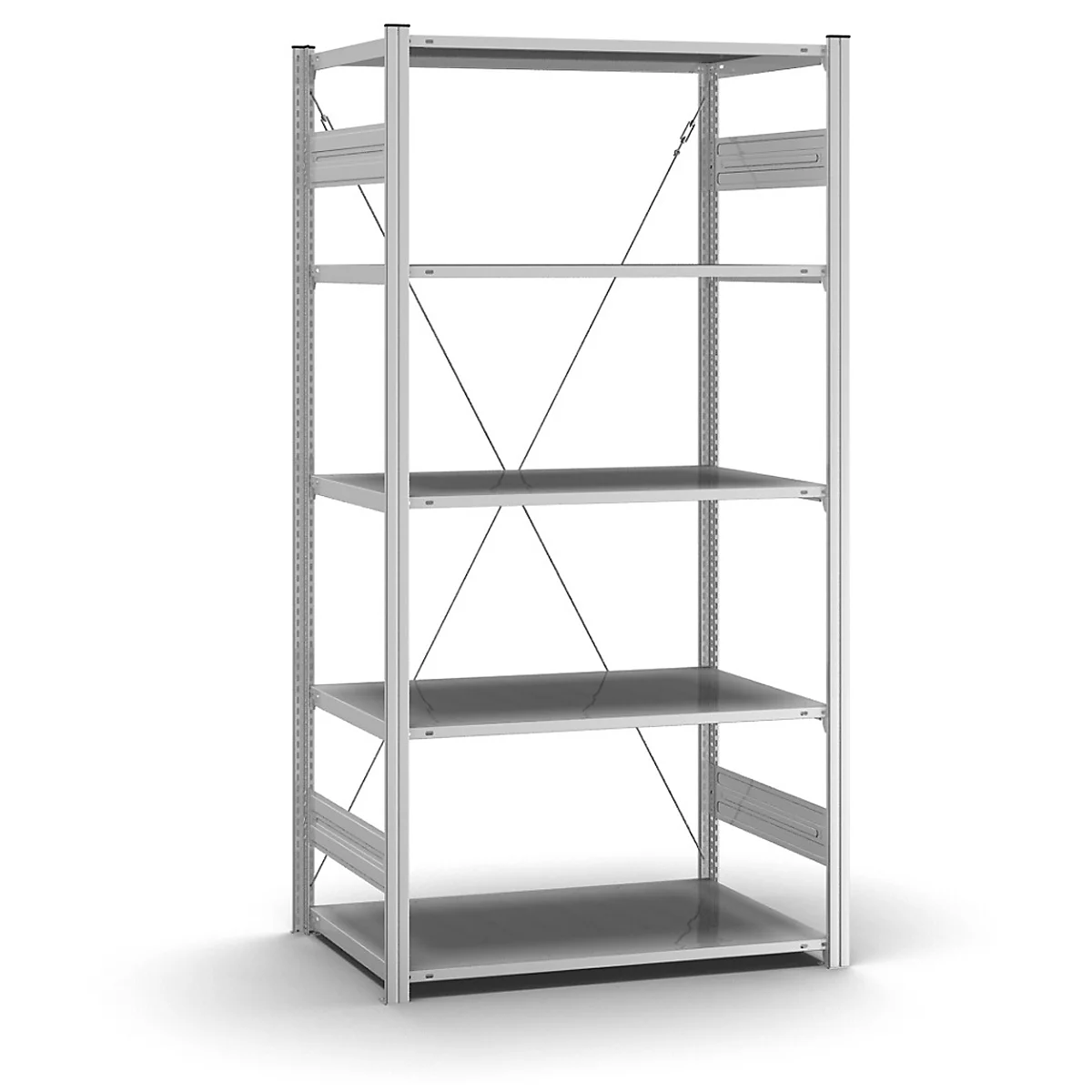 Zilveren rek met vijf planken tegen een witte achtergrond. Diagonale stutten verstevigen de constructie.