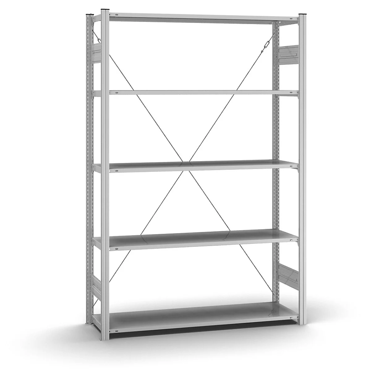 Grijze metalen stellingkast met vijf planken. Metalen stutten kruisen elkaar voor stabiliteit. De plank staat tegen een witte achtergrond.