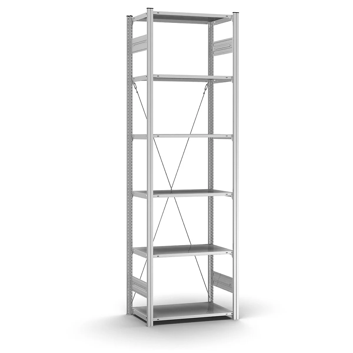 Zilveren plank met vijf planken tegen een witte achtergrond. Diagonale beugels stabiliseren de constructie.