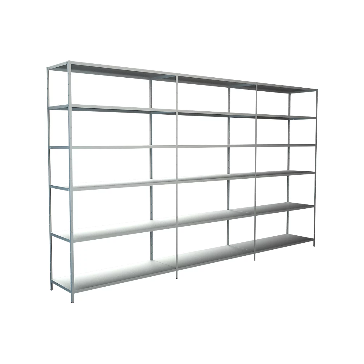 Grijs, metalen stellingkast met meerdere niveaus tegen een witte achtergrond. De plank is leeg.