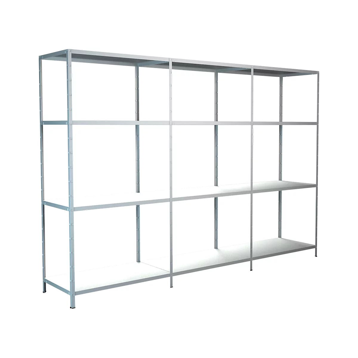 Metalen rek met meerdere niveaus, in lichtgrijs. De constructie is open en bestaat uit stalen frames en planken.