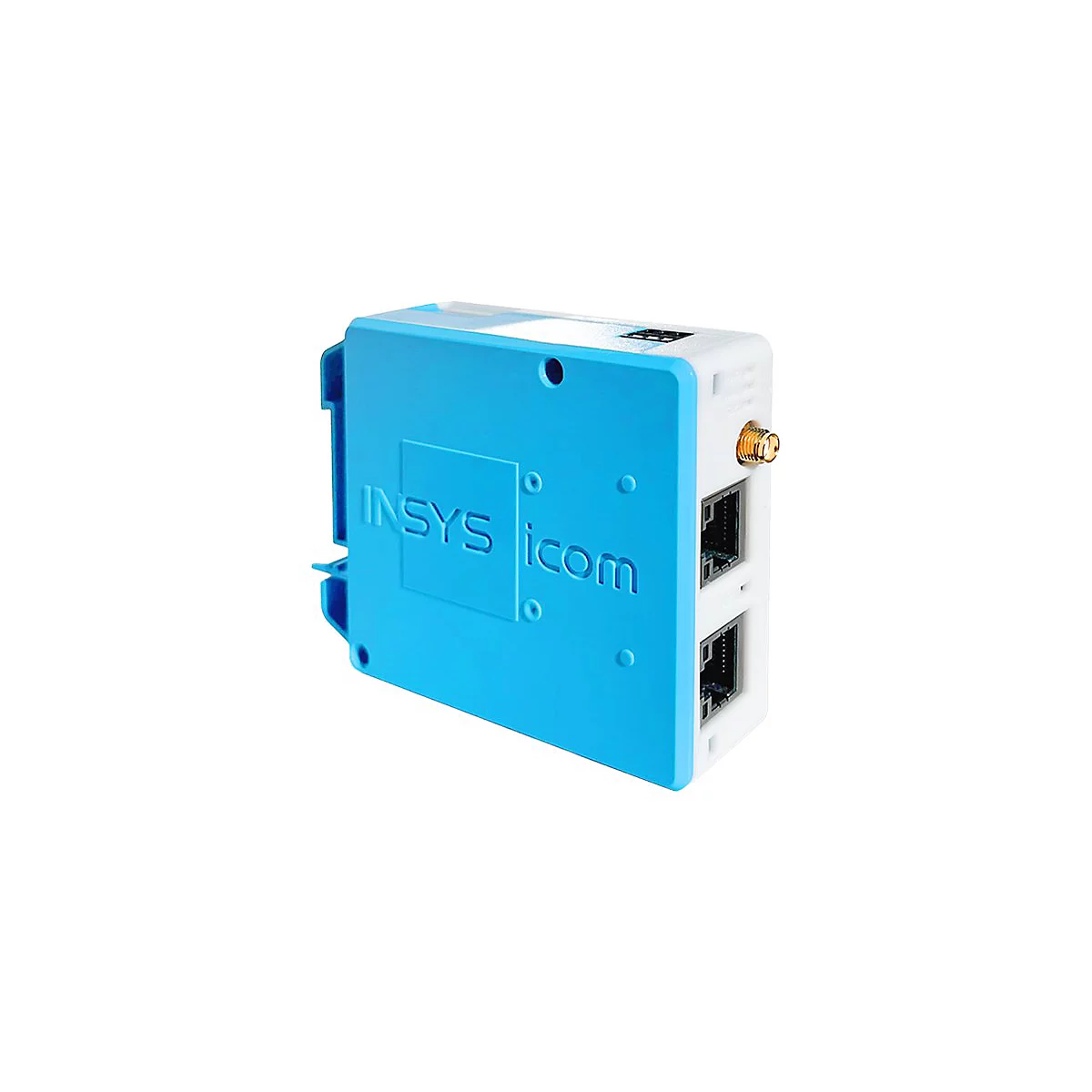 Appareil électronique bleu et blanc. On peut lire 'INSYS icom' sur le devant. Des ports et une antenne sont visibles.