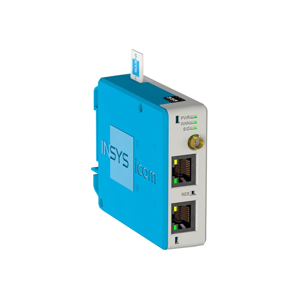 Blau-weißes Industrie-Modem mit Anschlüssen, Beschriftung: INSYS i.com.