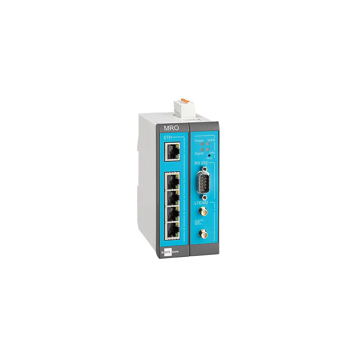 Gerät mit Ethernet- und LTE/4G-Anschlüssen, blau-grau, mit Beschriftungen wie "MRO", "ETH", "RS 232" und "INSYS Icom".