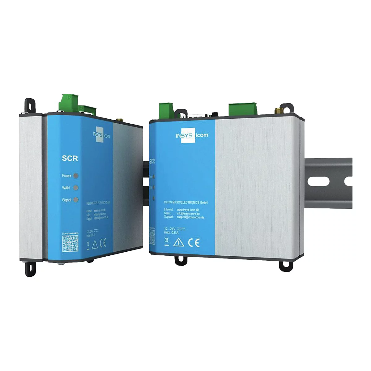 Zwei graue Metallgehäuse mit blauen Elementen. Auf der blauen Fläche steht SCR, darunter Lämpchen für Power, WAN und Signal.