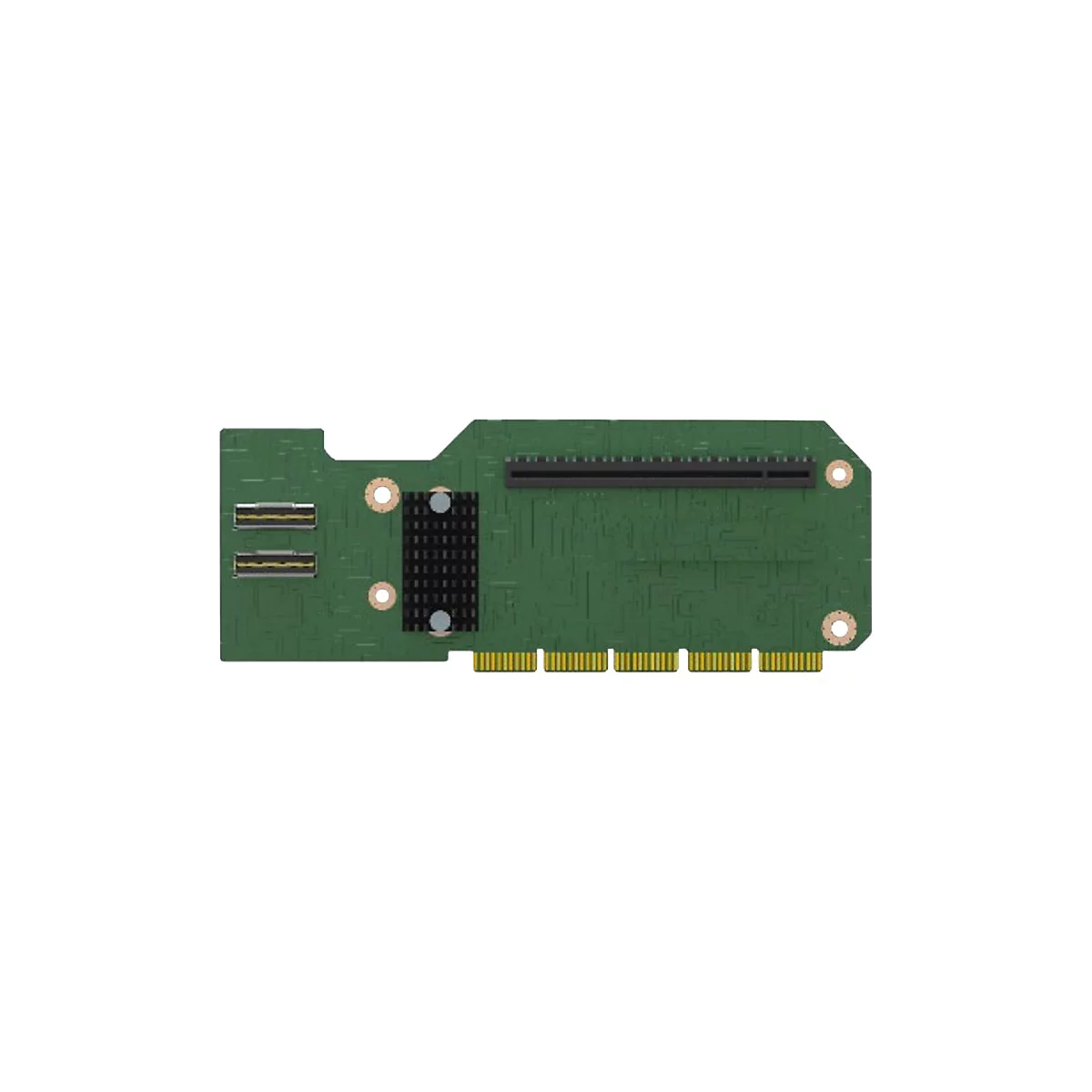Grüne Platine mit Steckplätzen, USB-Anschlüssen und Kühlkörper, vor weißem Hintergrund.
