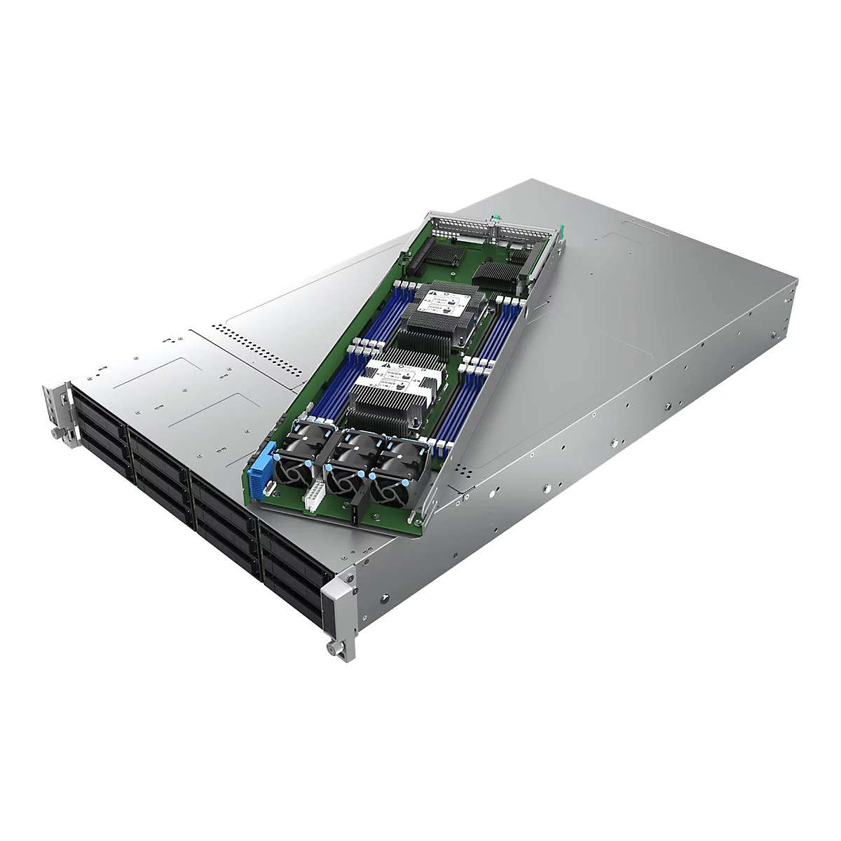 Ein Server mit geöffnetem Gehäuse. Detaillierte Ansicht der internen Komponenten, einschließlich Lüfter, Prozessoren und Speicherbänke.