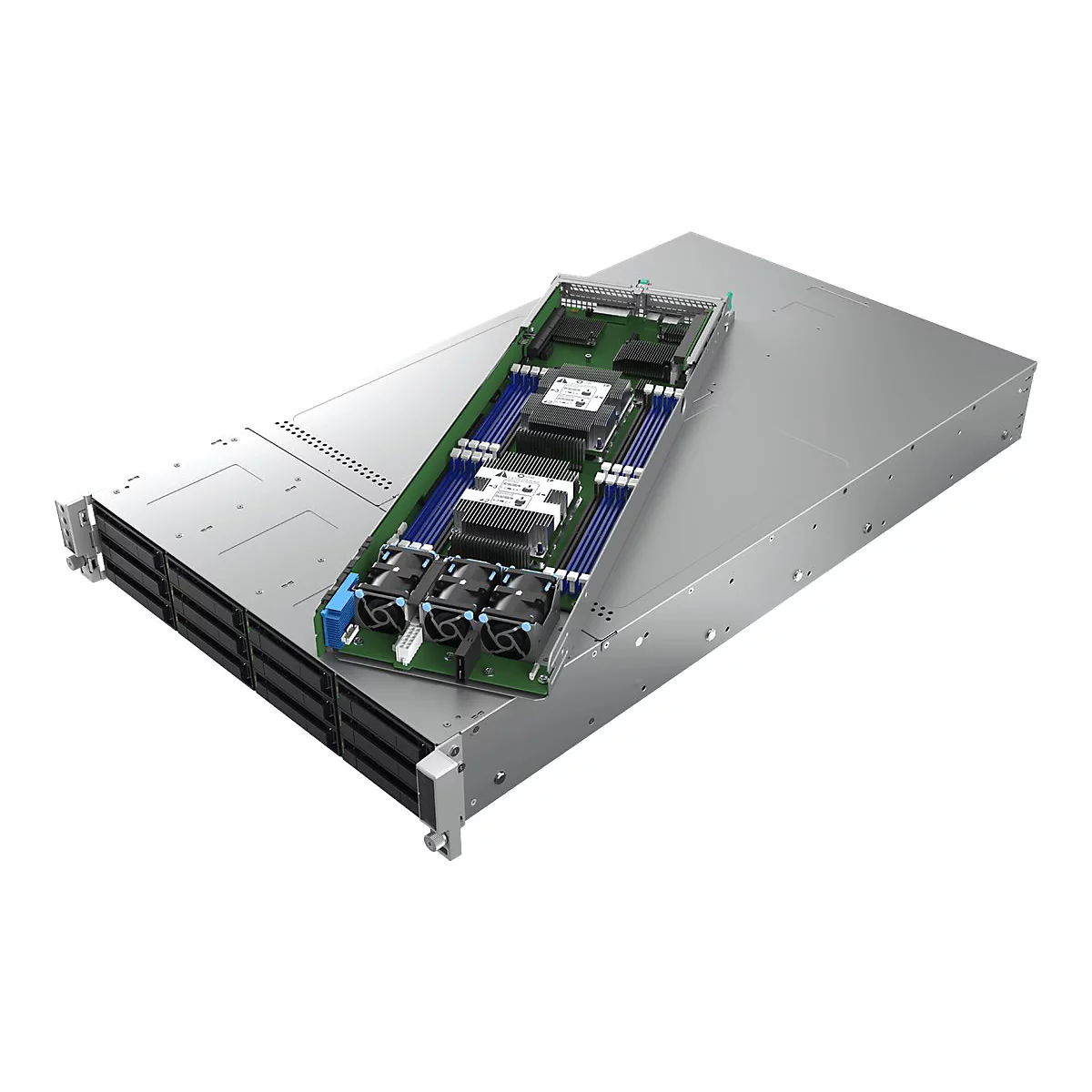 Ein Server, mit geöffnetem Gehäuse, zeigt interne Komponenten wie Lüfter, CPU und Festplatten. Grauer Hintergrund.