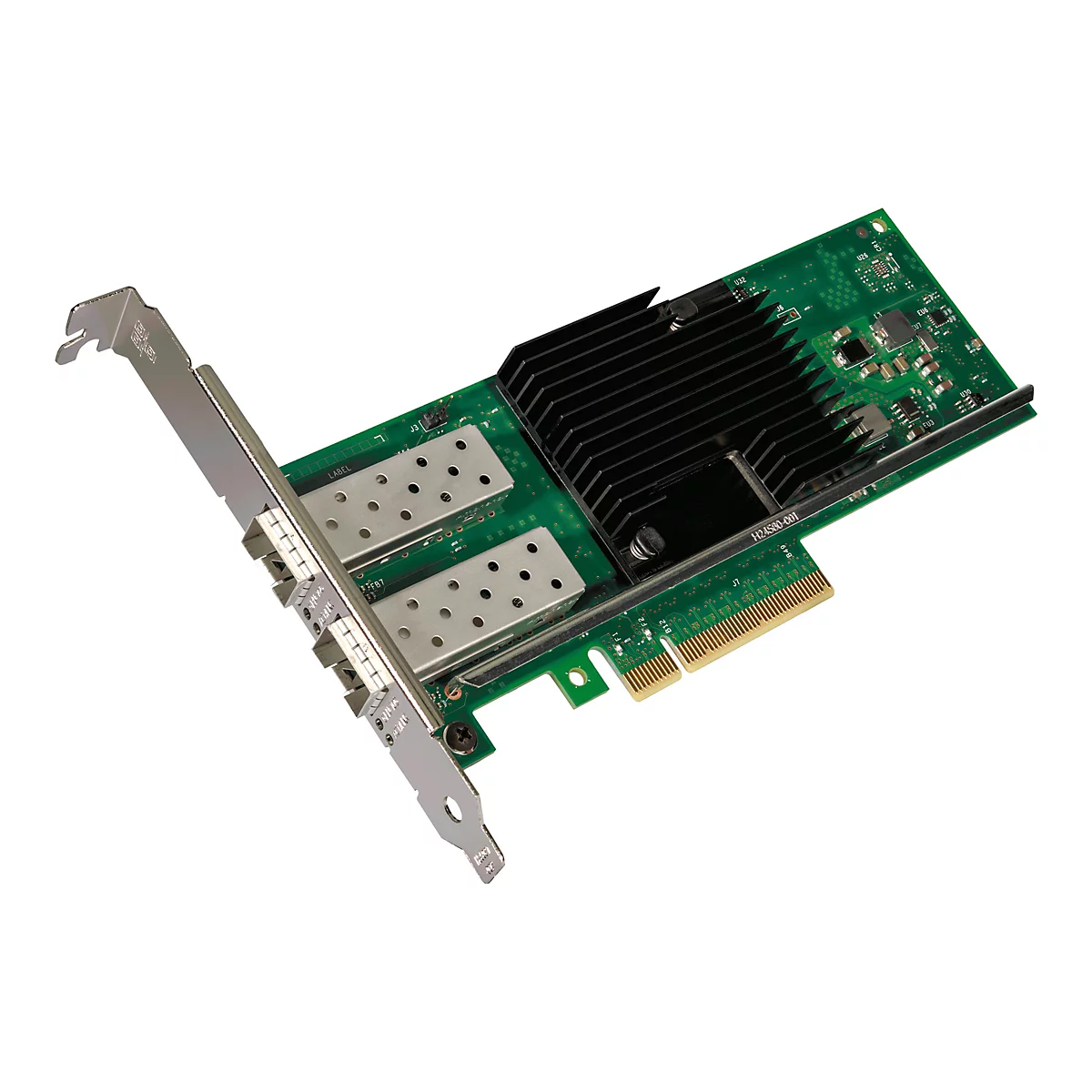 Grüne Netzwerk-Steckkarte mit zwei SFP-Ports, Kühlkörper und Metallblende vor weißem Hintergrund.