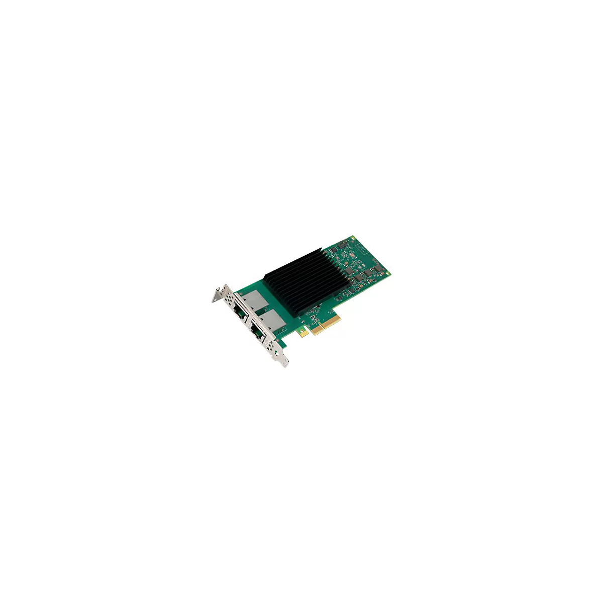 Grüne Netzwerkkarte mit zwei Ethernet-Ports und einem großen schwarzen Kühlkörper auf weißem Hintergrund.