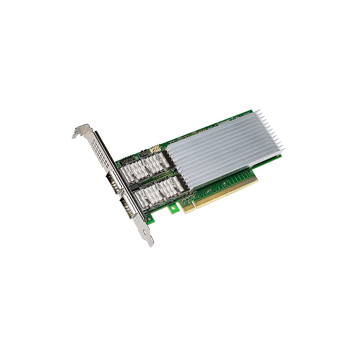 Grüne PCIe-Netzwerkkarte mit zwei Ports und großem silbernen Kühlkörper auf weißem Hintergrund.
