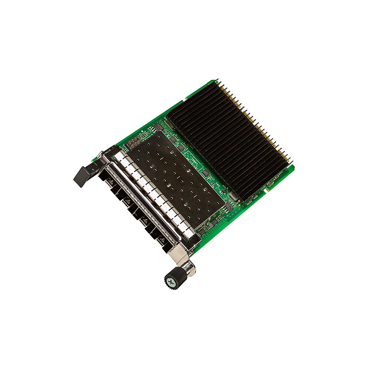 Elektronische Erweiterungskarte mit grünem Board, schwarzem Kühlkörper und Metallblende vor weißem Hintergrund.