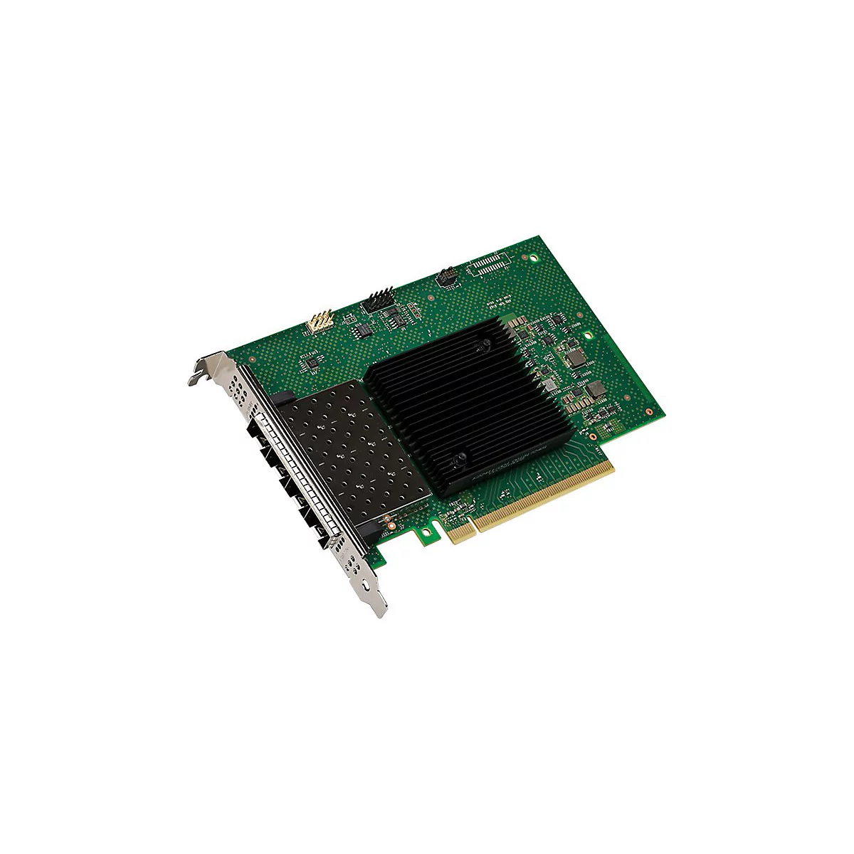 Grüne PCIe-Netzwerkkarte mit schwarzem Kühlkörper und Anschlüssen vor weißem Hintergrund.