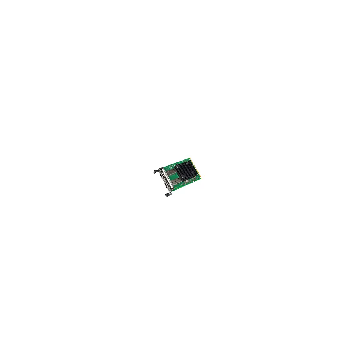 Netzwerkkarte mit grünem PCB, großem schwarzen Kühlkörper und zwei SFP-Anschlüssen vor weißem Hintergrund.
