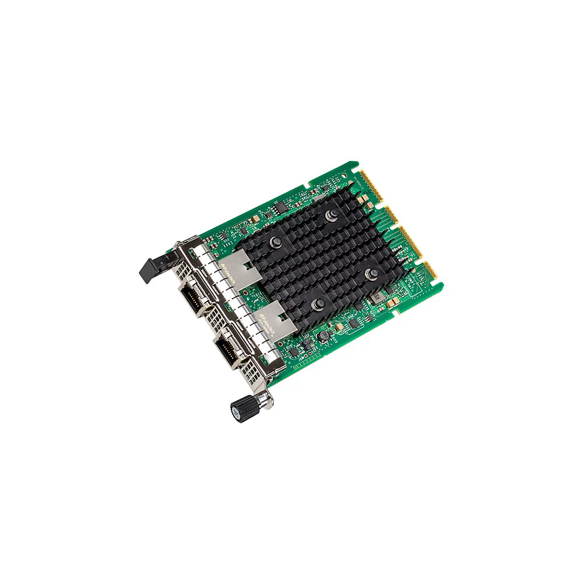 Netzwerkkarte mit grünem Board, schwarzem Kühlkörper und zwei RJ45-Anschlüssen vor weißem Hintergrund.