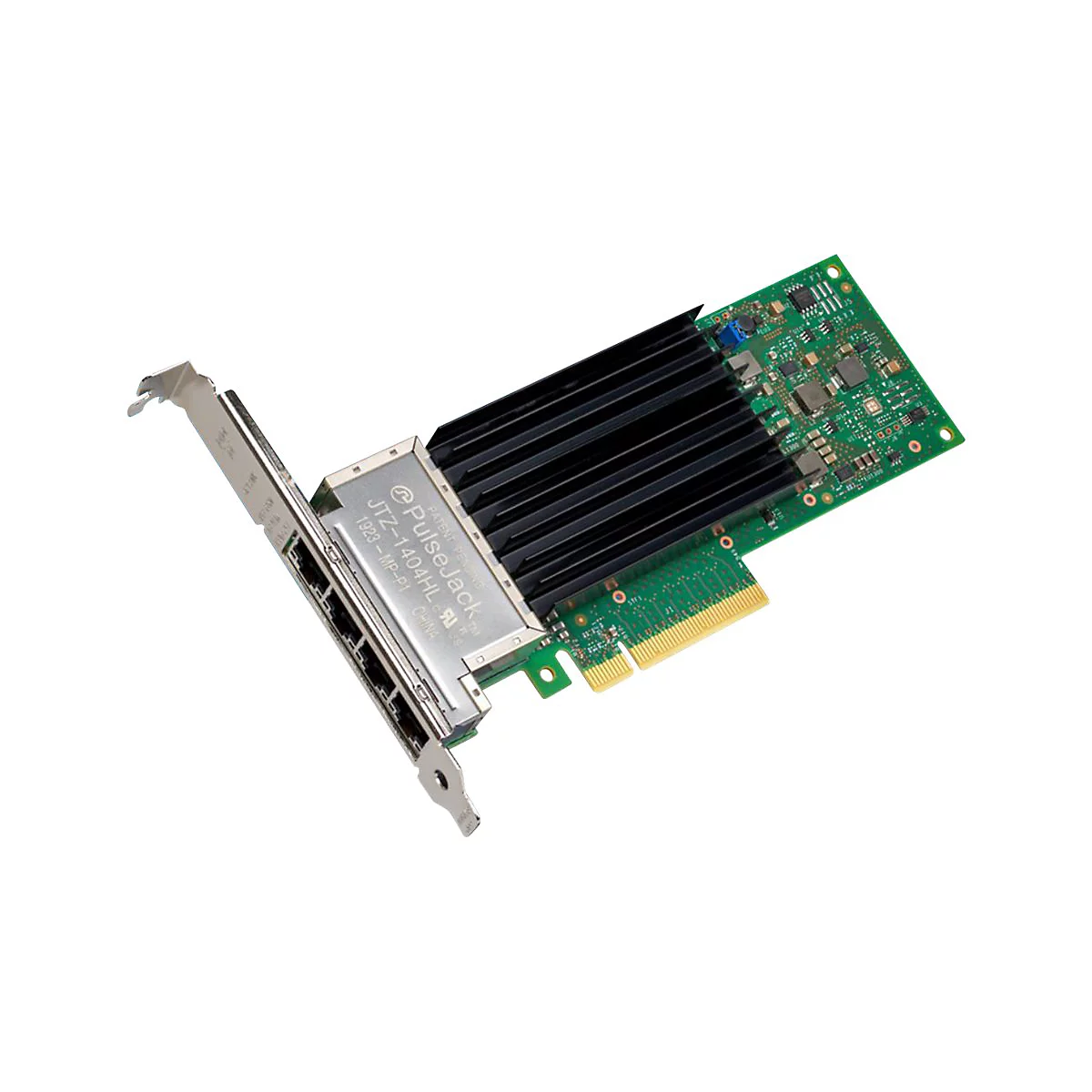 Netzwerkkarte mit grünem PCB, schwarzem Kühlkörper und Metallblende mit Anschlüssen auf weißem Hintergrund.
