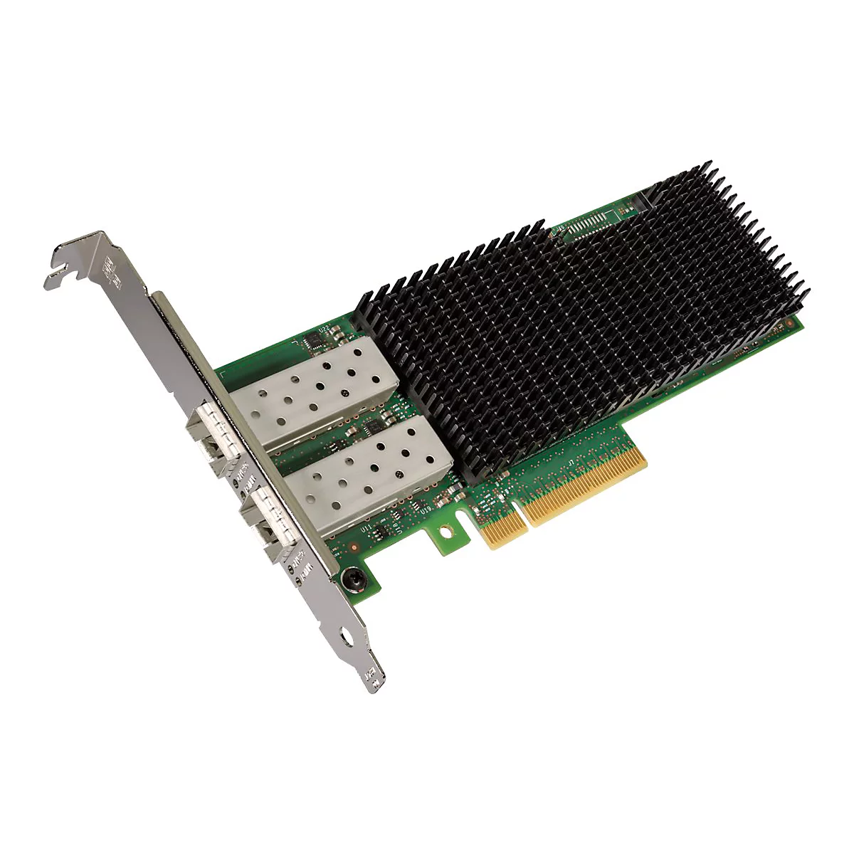 Netzwerkkarte mit grünem PCB, großem schwarzem Kühlkörper und zwei silbernen Anschlüssen.
