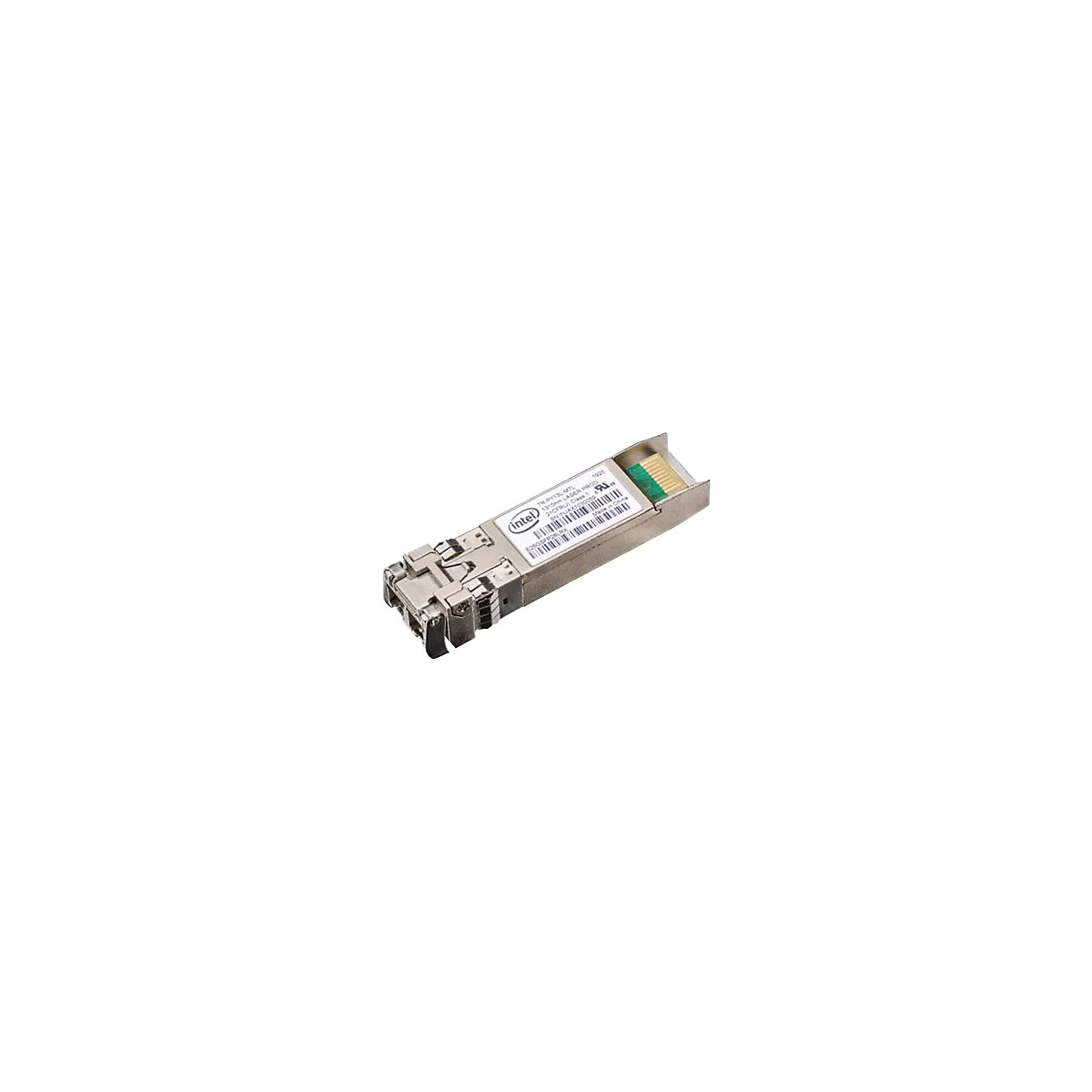Ein silberner SFP-Transceiver mit Intel-Logo und Barcode-Etikett.
