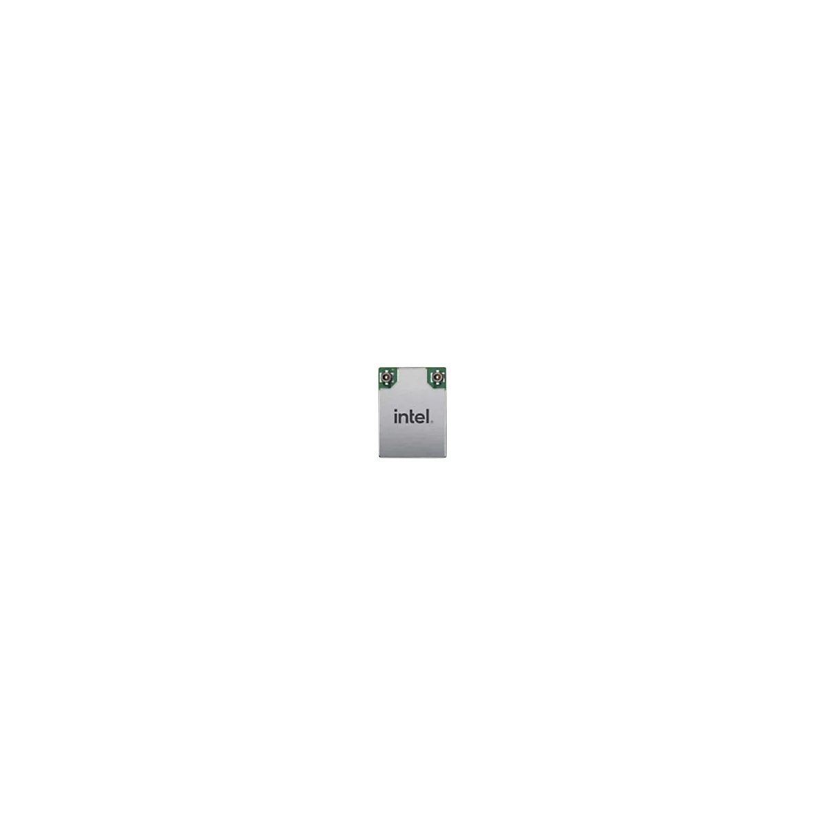Rechteckiges Intel Wi-Fi-Modul mit silberner Metalloberfläche und zwei Antennenanschlüssen.