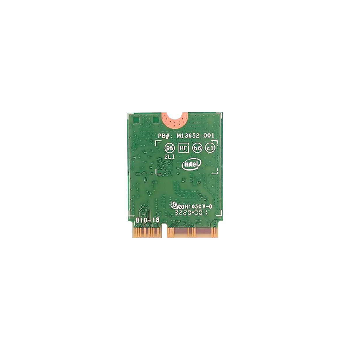 Grüne Intel M.2 WLAN-Karte mit kupferfarbenem Kontaktstecker vor weißem Hintergrund.