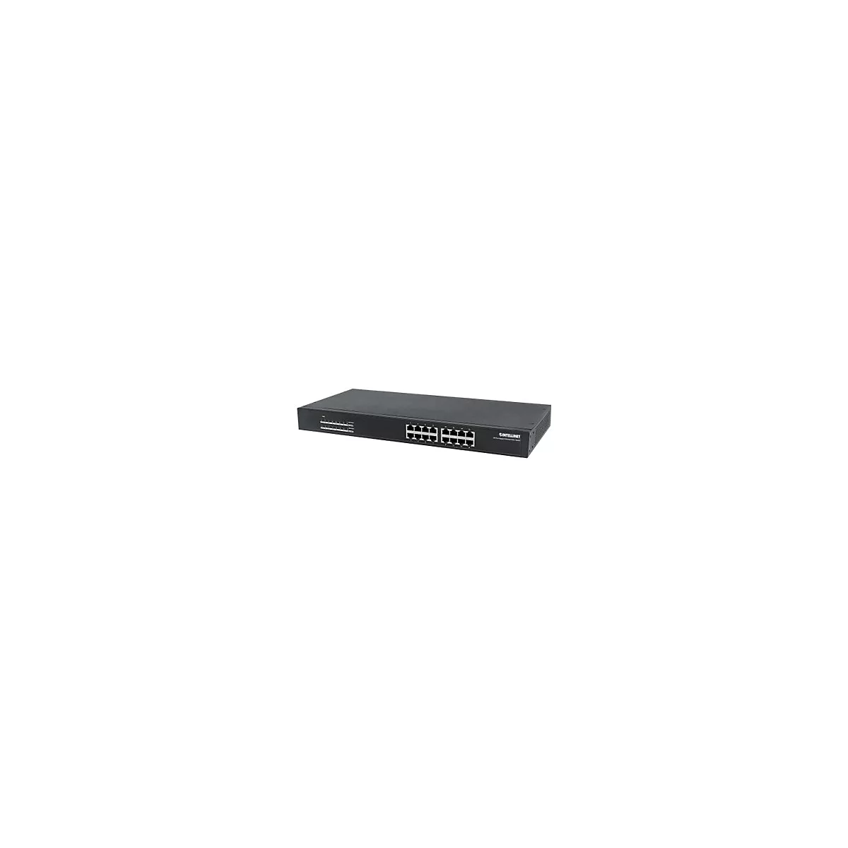 Schwarzer Intellinet 16-Port Gigabit Ethernet Switch vor weißem Hintergrund.