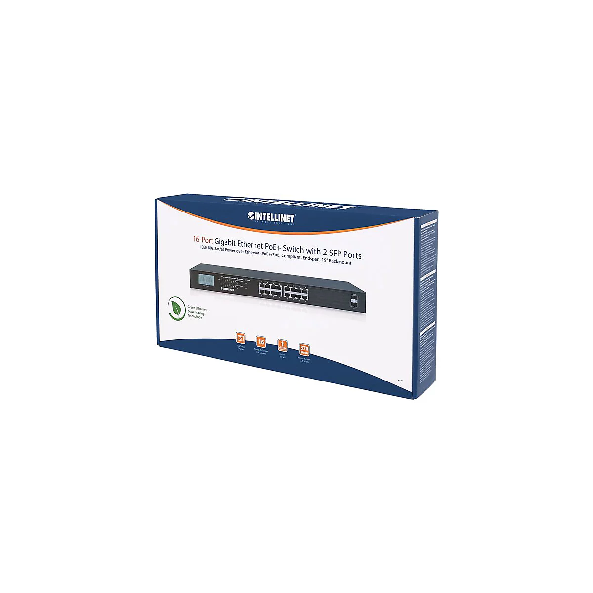 Schwarzer Netzwerkswitch in der Verpackung. Aufschrift: 16-Port Gigabit Ethernet PoE+ Switch. Logos und Symbole sind ebenfalls sichtbar.