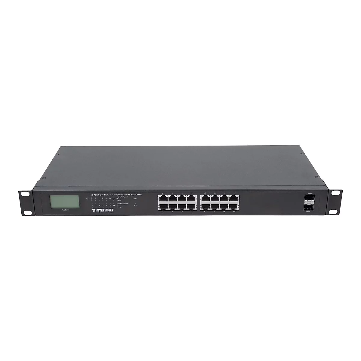 Intellinet 16-Port Gigabit Ethernet PoE+ Switch with 2 SFP Ports, LCD Display, IEEE 802.3at/af Power over Ethernet (PoE+/PoE) Compliant, 370 W, Endspan, 19' Rackmount - Switch - unmanaged - 16 x 10/100/1000 (PoE+) + 2 x Gigabit SFP - Desktop, an R...