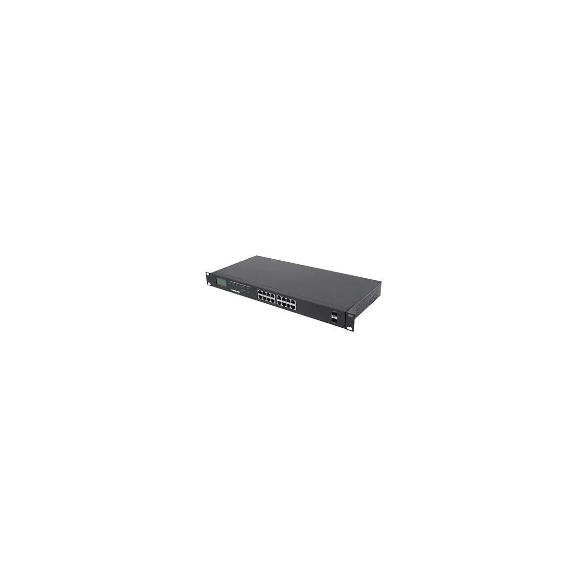 Intellinet 16-Port Gigabit Ethernet PoE+ Switch with 2 SFP Ports, LCD Display, IEEE 802.3at/af Power over Ethernet (PoE+/PoE) Compliant, 370 W, Endspan, 19' Rackmount - Switch - unmanaged - 16 x 10/100/1000 (PoE+) + 2 x Gigabit SFP - Desktop, an R...
