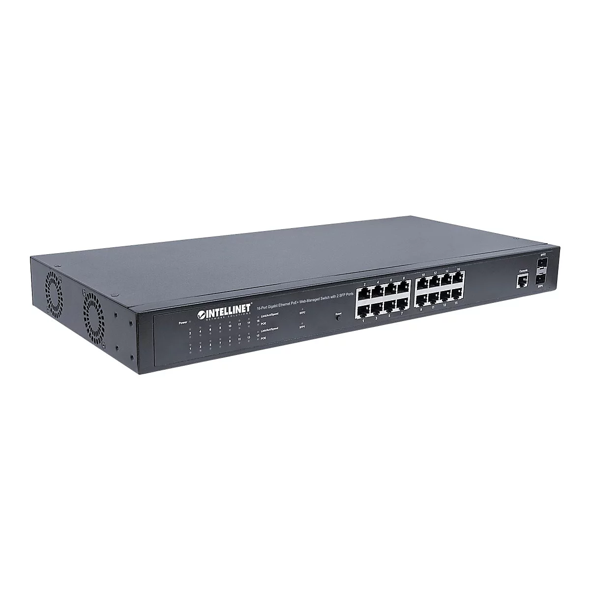 Intellinet 16-Port Gigabit Ethernet PoE+ Web-Managed Switch with 2 SFP Ports, IEEE 802.3at/af Power over Ethernet (PoE+/PoE) Compliant, 374 W, Endspan, 19' Rackmount - Switch - managed - 16 x 10/100/1000 (PoE+) + 2 x Gigabit SFP - Desktop, an Rack...