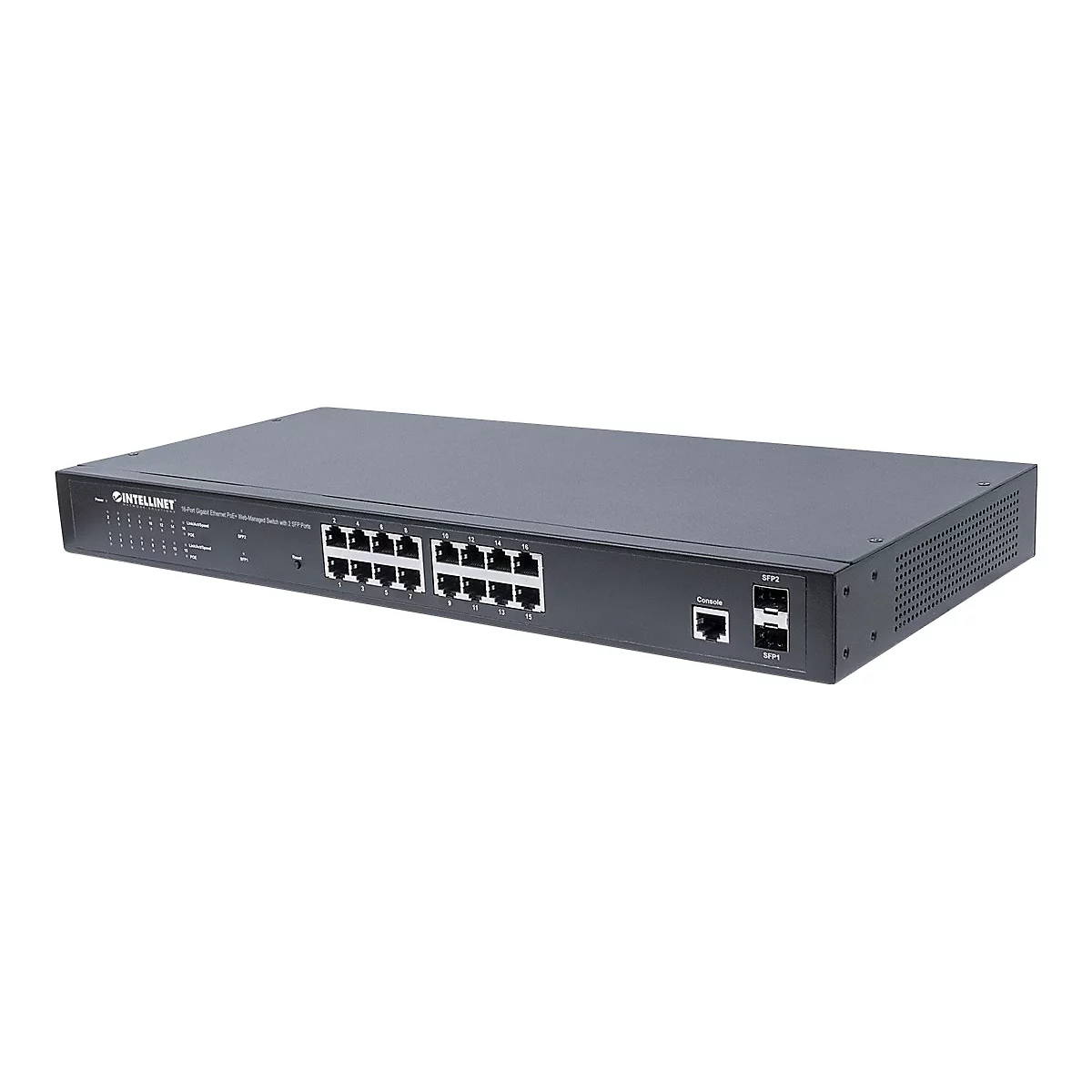 Intellinet 16-Port Gigabit Ethernet PoE+ Web-Managed Switch with 2 SFP Ports, IEEE 802.3at/af Power over Ethernet (PoE+/PoE) Compliant, 374 W, Endspan, 19' Rackmount - Switch - managed - 16 x 10/100/1000 (PoE+) + 2 x Gigabit SFP - Desktop, an Rack...