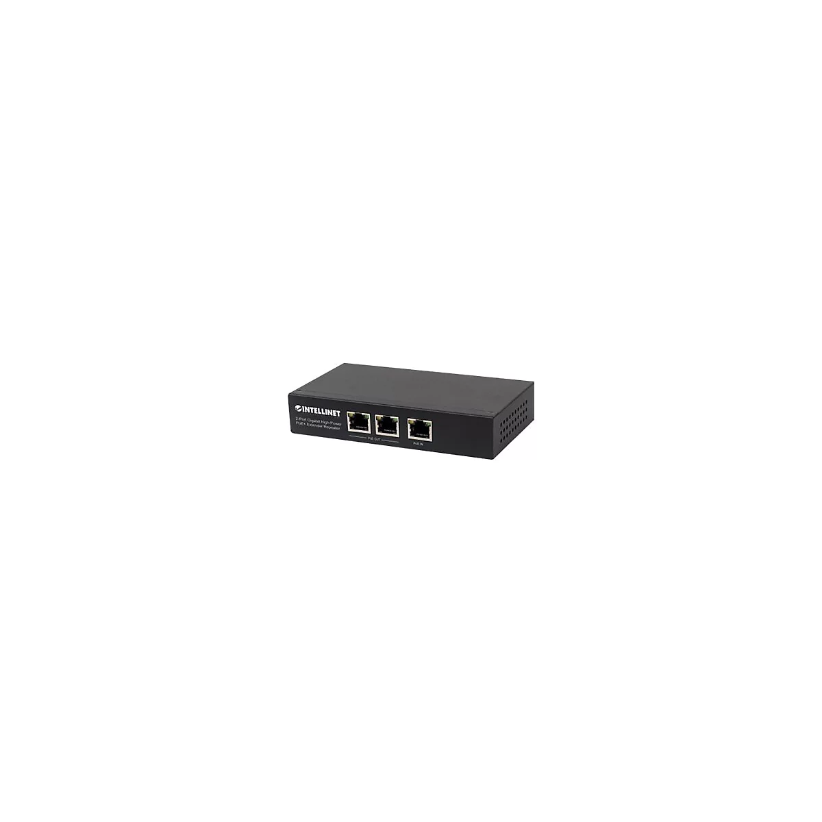 Schwarzer Intellinet 2-Port Gigabit High-Power PoE+ Extender Repeater vor weißem Hintergrund.