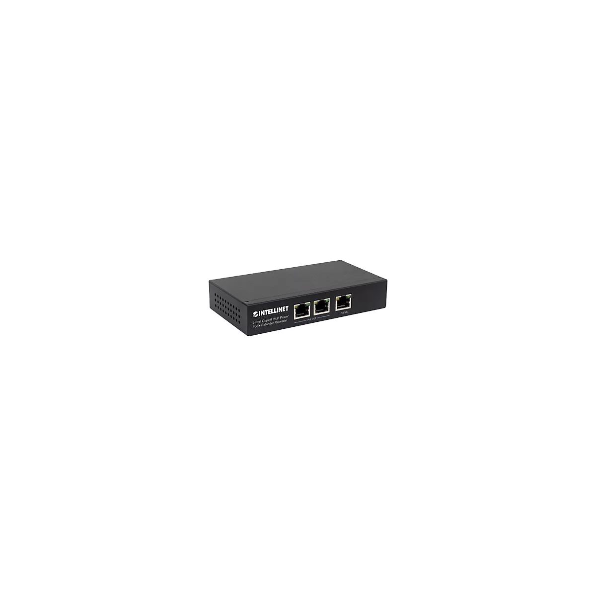 Schwarzer 2-Port Gigabit High-Power PoE+ Extender Repeater von Intellinet vor weißem Hintergrund.