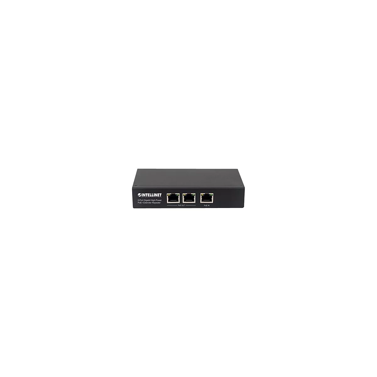 Schwarzer Intellinet PoE+ Extender Repeater mit drei Ethernet-Anschlüssen vor weißem Hintergrund.