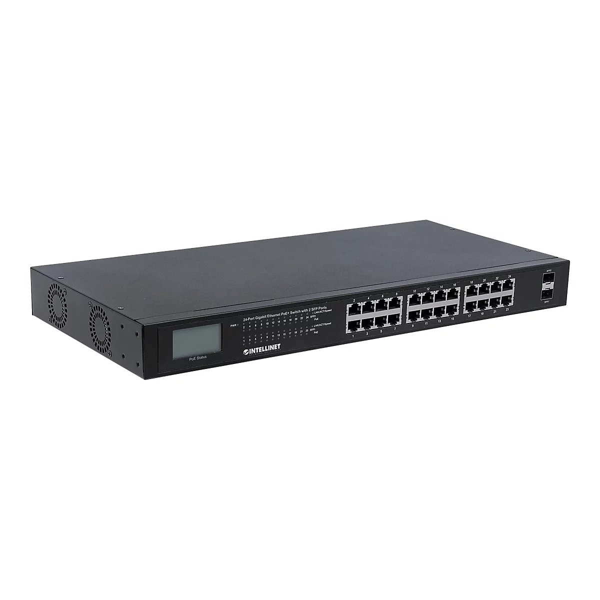 Intellinet 24-Port Gigabit Ethernet PoE+ Switch with 2 SFP Ports, LCD Display, IEEE 802.3at/af Power over Ethernet (PoE+/PoE) Compliant, 370 W, Endspan, 19' Rackmount - Switch - unmanaged - 24 x 10/100/1000 (PoE+) + 2 x Gigabit SFP - Desktop, an R...