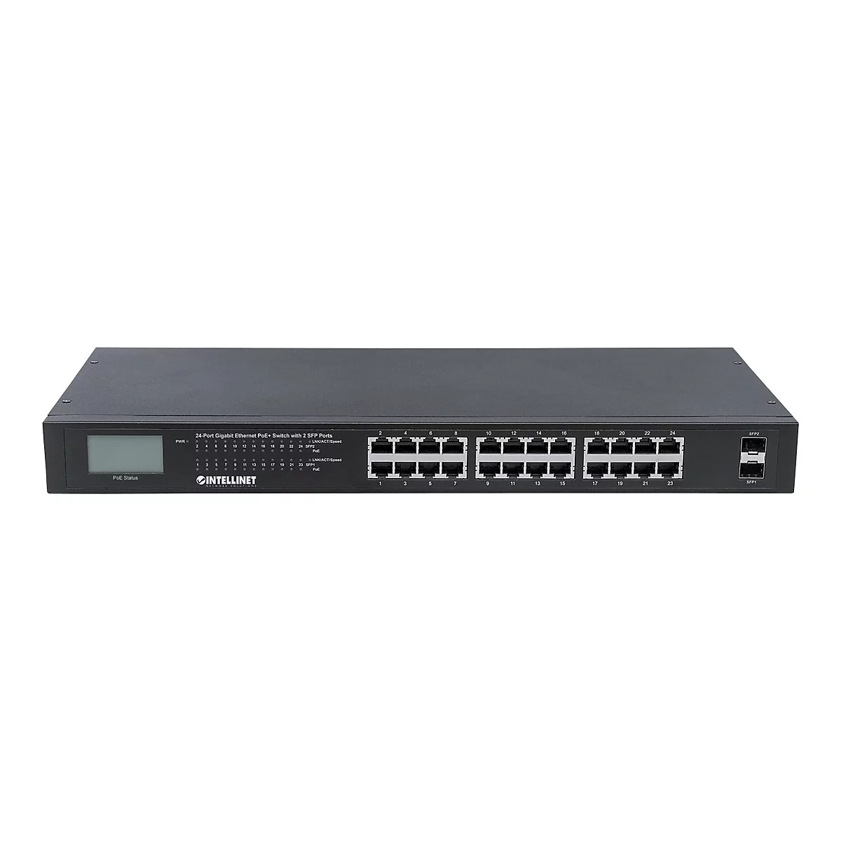 Intellinet 24-Port Gigabit Ethernet PoE+ Switch with 2 SFP Ports, LCD Display, IEEE 802.3at/af Power over Ethernet (PoE+/PoE) Compliant, 370 W, Endspan, 19' Rackmount - Switch - unmanaged - 24 x 10/100/1000 (PoE+) + 2 x Gigabit SFP - Desktop, an R...