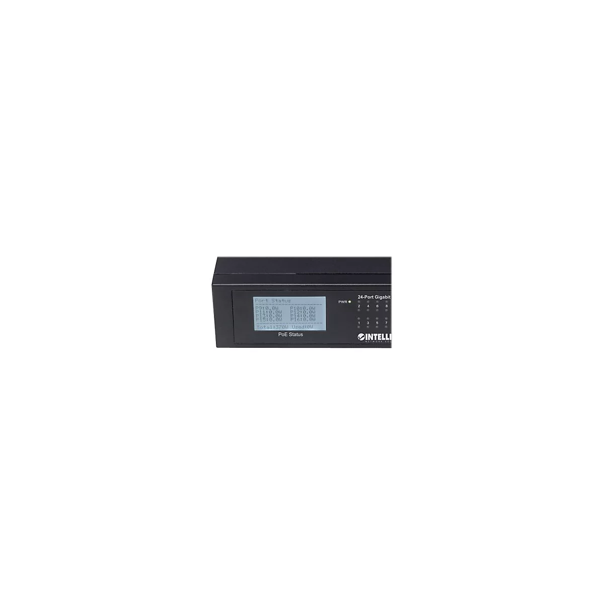Intellinet 24-Port Gigabit Ethernet PoE+ Switch with 2 SFP Ports, LCD Display, IEEE 802.3at/af Power over Ethernet (PoE+/PoE) Compliant, 370 W, Endspan, 19' Rackmount - Switch - unmanaged - 24 x 10/100/1000 (PoE+) + 2 x Gigabit SFP - Desktop, an R...