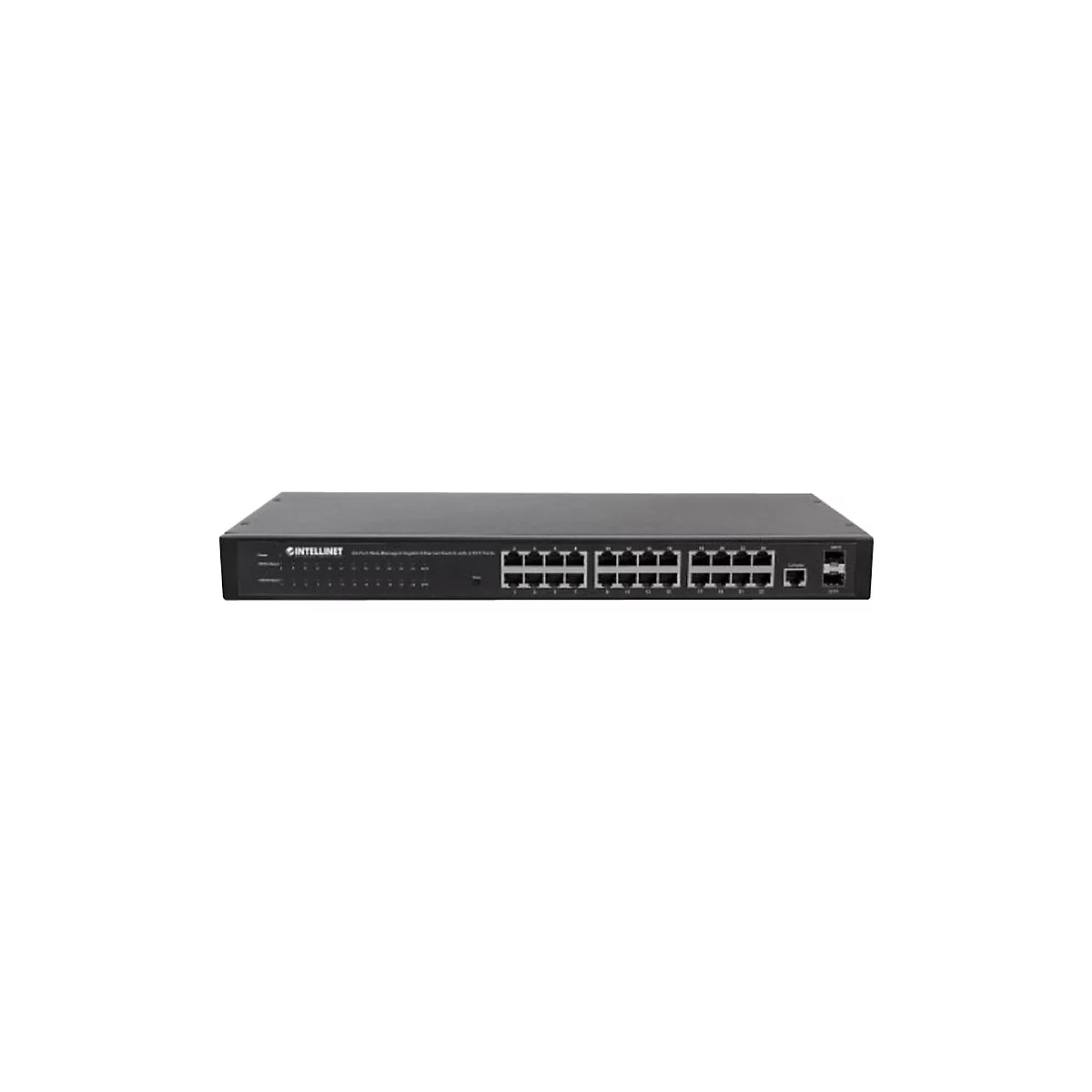 Schwarzer 24-Port Gigabit-Netzwerk-Switch von Intellinet mit zwei SFP-Ports vor weißem Hintergrund.