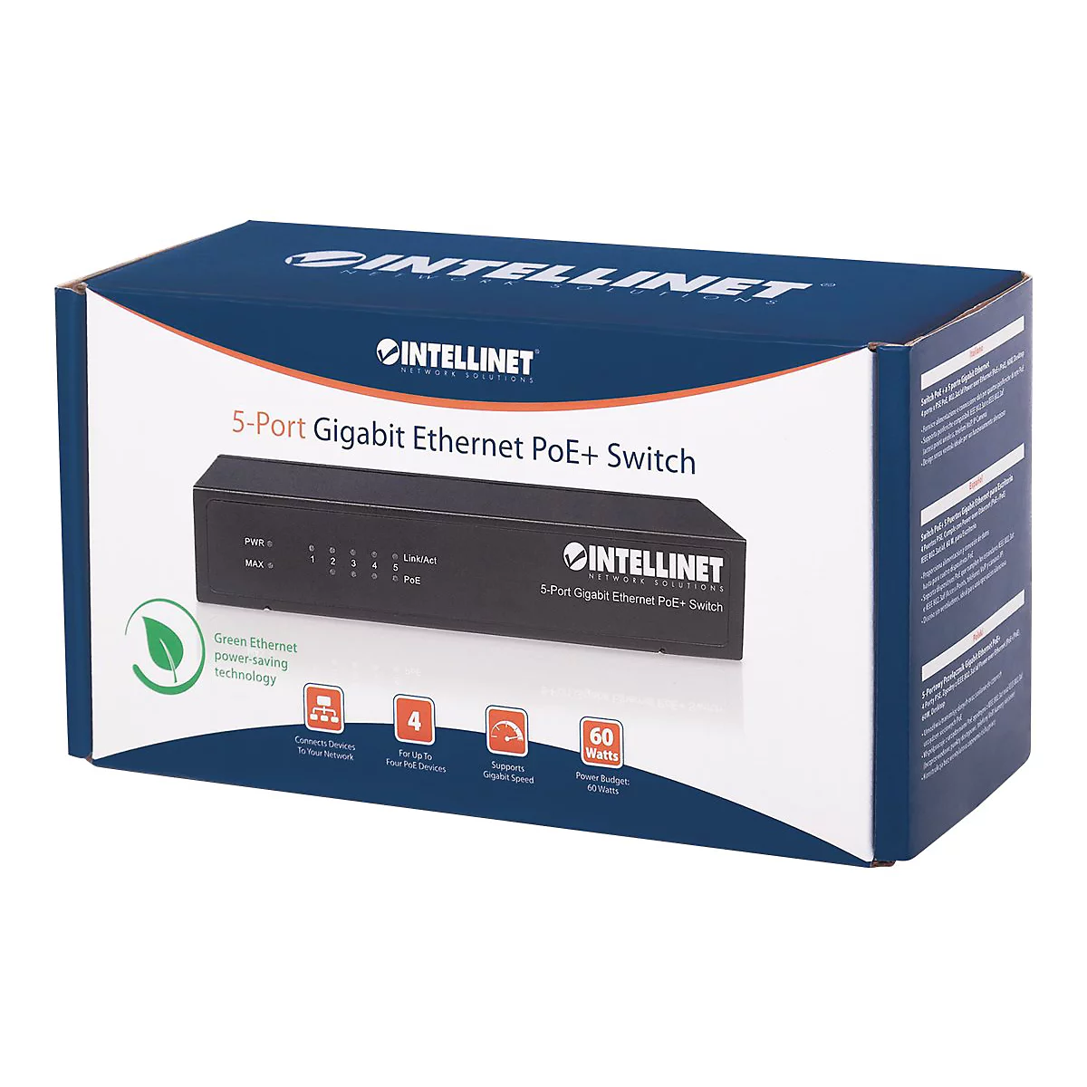 Intellinet 5-Port Gigabit Ethernet PoE+ Switch, 4 x PSE Ports, IEEE 802.3at/af Power over Ethernet (PoE+/PoE) Compliant, 60 W, Desktop - Switch - 5 Anschlüsse