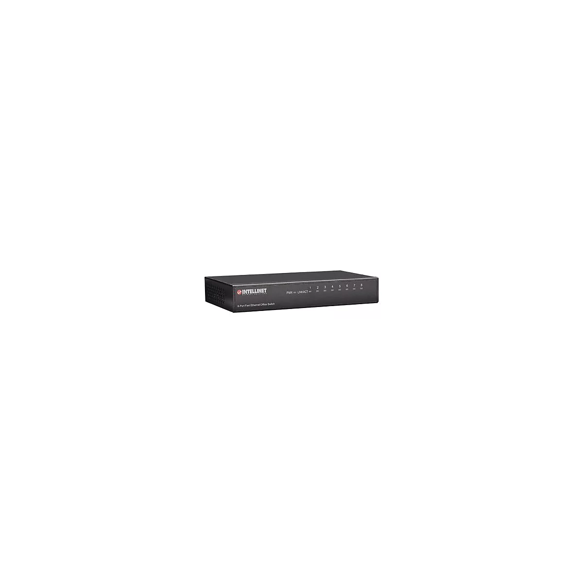 Schwarzer 8-Port Fast Ethernet Office Switch von Intellinet vor weißem Hintergrund.