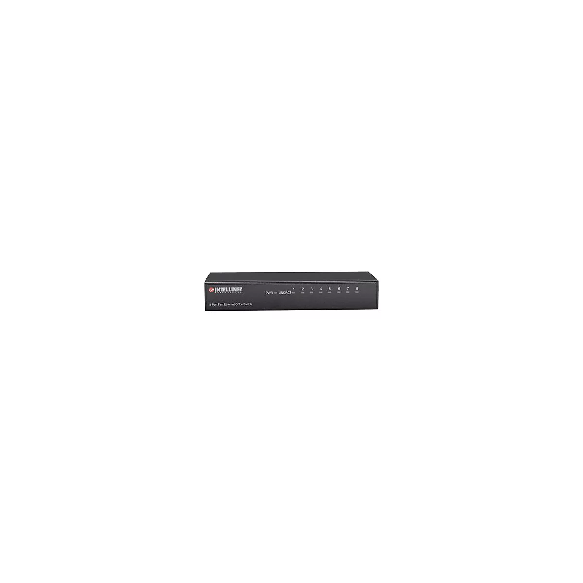 Schwarzer 8-Port Fast Ethernet Office Switch von Intellinet mit Status-LEDs auf der Vorderseite.