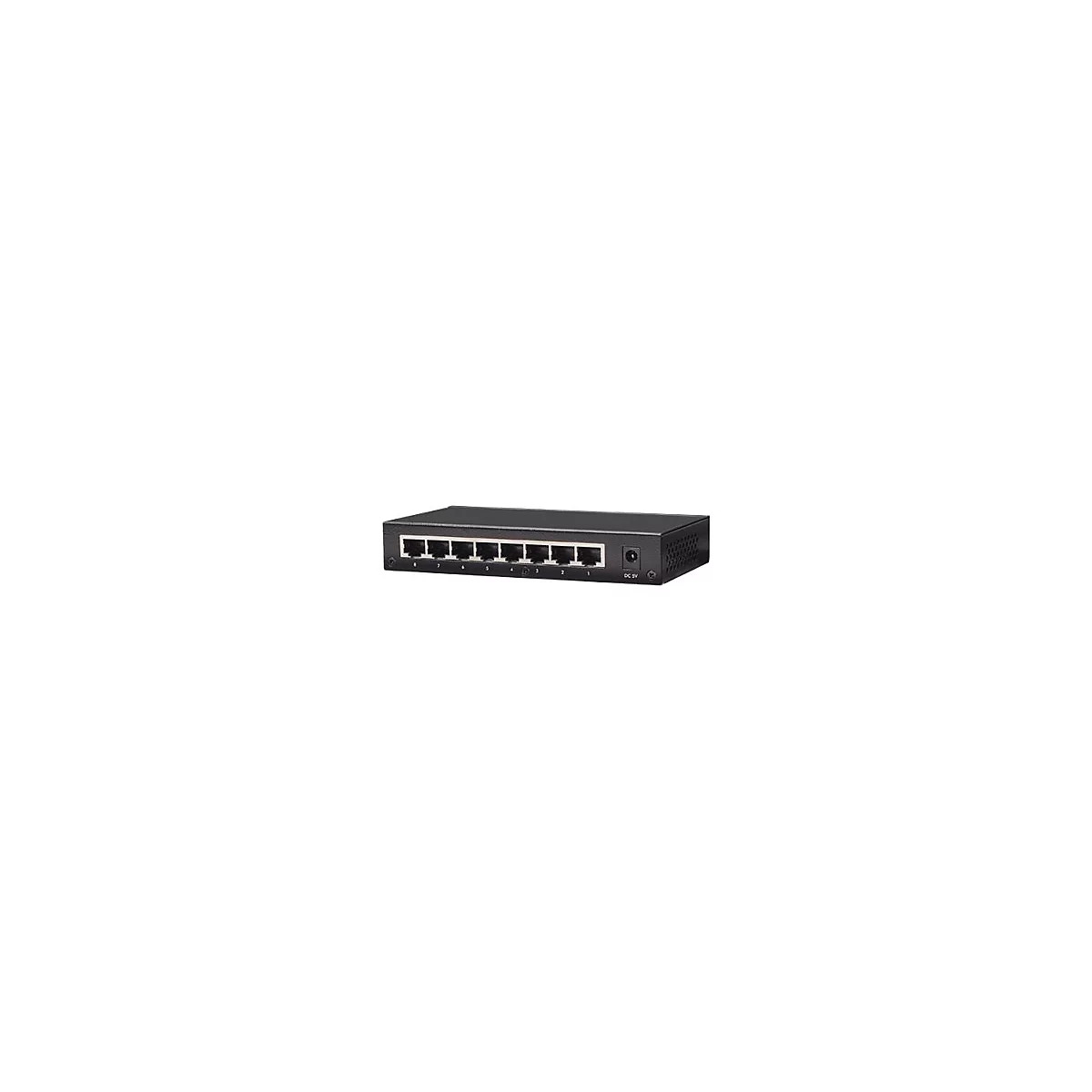 Schwarzer 8-Port Netzwerk-Switch mit rückseitigem Stromanschluss vor weißem Hintergrund.