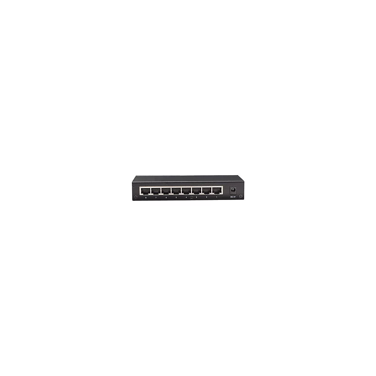Schwarzer 8-Port Ethernet-Netzwerk-Switch mit DC 5V Stromanschluss auf weißem Hintergrund.